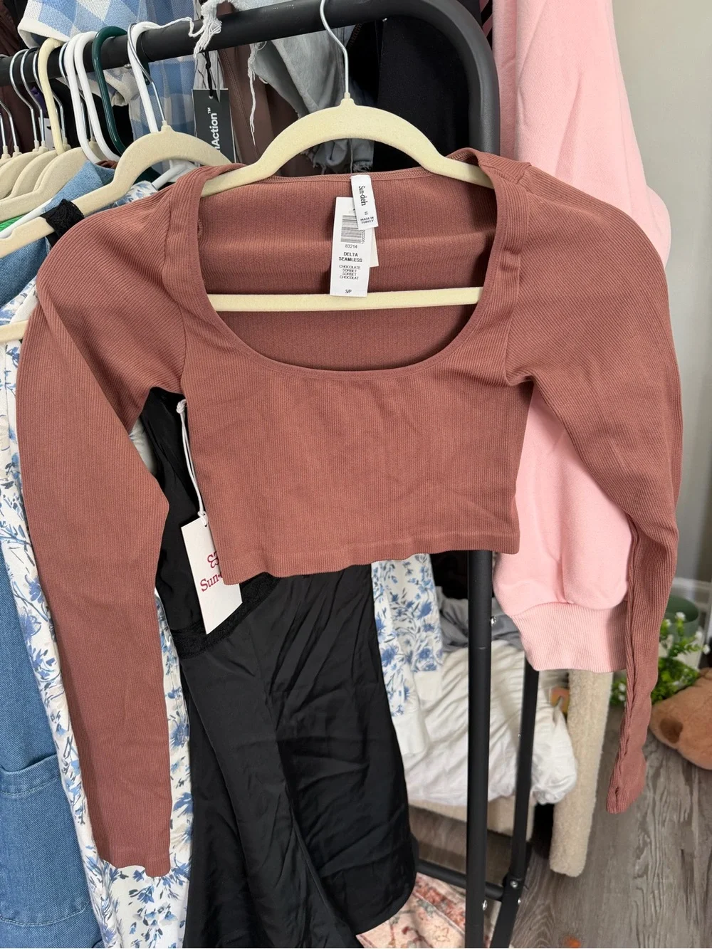 Aritzia Ribbed Long-Sleeve Square Neck Crop Top - Rust